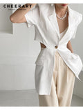 Open Back Short Sleeve Summer Blazer Women 2022 Tunics Korean Fashion Single Button Blazer Jacket Coat