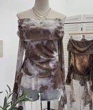 Real Shot Shoulder Strap Tie Dyed Net Shawl Shirt T-Shirt T-Shirt T-Shirt Design Folded Long-Sleeved T-Shirt