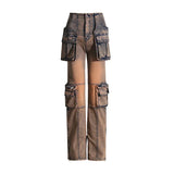 Vintage Jeans Trousers Women 2025 Summer New Fashion Design Style Interface Bag High-Waist Straight