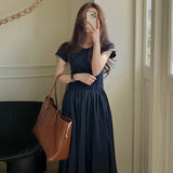 Zingj Chic Summer Simple Temperament Round Collar Fold Closed Waist Show Thin Short Sleeve Large Swing T-Shirt Dress Long