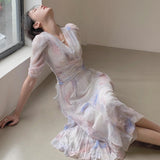 V-neck Print Dress French Style Women Elegent Party Pink Midi Dress Female Fashion A Line Holiday Korean Clothes