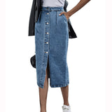Single Breasted Knee Length Denim Skirt Women Streetwear Casual Pocket High Waist Straight Jeans Skirt