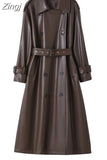 Spring Autumn Long Loose Brown Pu Leather Trench Coat for Women Belt Double Breasted American and European Fashion
