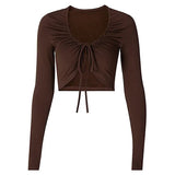 2022 Solid Color Long Sleeve Crop Top Women Fashion Elegant Summer T Shirts Sexy Streetwear Tie Cardigan