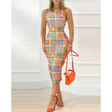 2022 New Fashion Daily Wear Allover Print Spaghetti Strap Bodycon Sexy Dress for Women Casual Midi Party Vintage