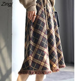 Plaid Knitted Skirt Women Elegant Designer Tassel Long Pleated Skirt Autumn Winter High Waist Slim A-line Skirts