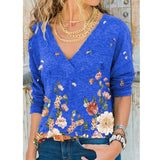 YX Women's Clothing Autumn and Winter New Fashion Women's V-neck Flower Print Long-sleeved Casual Loose T-shirt Plus