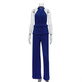 Zingj Hanging Neck Sexy Hot Girl Sleeveless Vest White Pleated High Waist Wide Leg Pants Suit Woman-Outfit