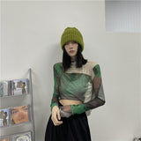 Streetwear Mesh Top Long Sleeve 2022 Tie Dye Turtleneck T Shirt Women Clothes Grungetee Shirt Femme Y2k Summer