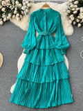 Spring French Style Chiffon Long Dress 2023 Long Sleeve Single Breasted Fashion Belt Women A-Line Elegant Party