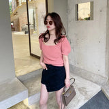 Collarbone Square Neck Knitted Short Sleeved Top Traf Spring Soft Female Basic Woman Winter Sweater Women's