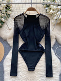 Patchwork Mesh Slim Playsuits Ladies O Neck Long Sleeve Hollow Out Sheath Top French Style Open Crotch Sheer