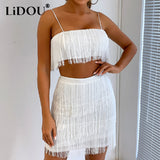New Nightclub Fashion Sexy Tassel Tube Top Hip Skirt Set Women Slip Tank Tops Mini Skirts Fringed Two Piece Party