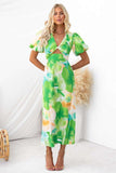 Zingj Years New Bubble Sleeve Long Dress Sexy Print V-Neck Hollow Out Women's Wear