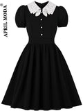 Kawaii Dress Tunic Midi Robe Femme Lace Collar Patchwork High Waist 50s 60s Swing Pin Up Rockabilly Vintage Chic
