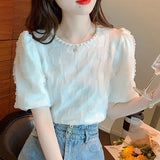 Elegant Beading Lace Blouse Puff Short Sleeve Women Korean Shirts O-neck Sweet Pleated New Casual Loose Tops Blusas