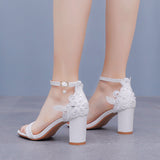 Cm Thick Heel Shallow Mouth With Sandals Round Head Fish Mouth Flowers Nails High Heel Sandals White Wedding