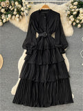 Spring French Style Chiffon Long Dress 2023 Long Sleeve Single Breasted Fashion Belt Women A-Line Elegant Party