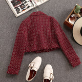 Winter Women Gold Double-breasted Tweed Short Jacket Coat + Bodycon Skirt Suit Tassels 2PCS Clothing Set Red Plaid