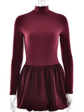 Burgundy Turtleneck Long Sleeve Puff Skirt Mini Dress-Outfit
