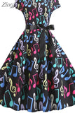 Women Summer Vintage Dress Robe Femme Short Sleeve Floral Print O-Neck Big Swing Elegant Party Sundress Black