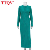 Winter O-Neck Green Women'S Dress Elegant Long Sleeve Bodycon Midi Dresses Female Casual Pleated Dress For New Year