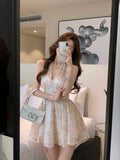 Chic Backless Chiffon Mini Dress Women 2023 Summer Floral Print Sexy Sleeveless Neck-mounted Holiday Sweet Female