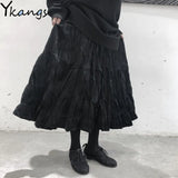Women Vintage Velvet Long Pleated Skirt Korean Style Ladies Elastic Midi High Waist Black Skirt Spring Harajuku Gothic