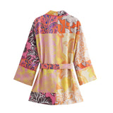 Women Two-piece Set Print Kimono Vintage Belt Long Sleeve Loose Shirt Female Fashion Beach Style Shorts