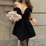 Black Off-shoulder Deep Neck Mini Dress- Outfit