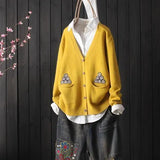 style retro V-neck knitted cardigan women autumn new style art jacquard embroidery sweater women