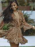 Printed Deep V Flare Sleeve Shirt Suits Women Sexy Short Pleated Mini Skirt Set Summer Beach Vacation Street Casual