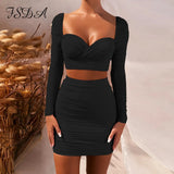 2021 Two Piece Set Long Sleeve Crop Top And Bodycon Mini Skirt Ruched Women Set Autumn Sexy White Club Outfit