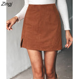 PETAL Faux Suede Mini Skirt For Woman Solid Brown Sexy Casual High Waist Bodycon Mini Skirt 2023 Spring Skirt