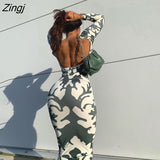 Summer Streetwear Print Dresses For Women 2021 O Neck Long Sleeve Bodycon Long Dress Female Backless Elegant Maxi
