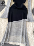 Autumn Women Knitted Midi Dress Splice Irregular Diagonal Collar Lace Up Design New Fashion Elegant High Quality