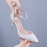 Lace Flower Wedding Shoes One-Word Wristband Bridal Shoes Fine Heel Sharp Wedding Shoes Women Sandals Car Show