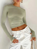 Women T-shirt Long Sleeve Crew Neck Solid Slim Fit Ladies Crop Top with Thumb Holes for Daily Streetwear Summer