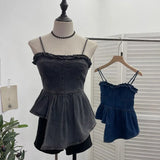 Real Shoot Hottie Vintage Cowboy Sling Vest Irregular Wood Ear Short-Term Waist Sleeveless Top