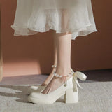 Zingj Heels Women 2024 New Pearl French Thick With Non-Slip White Mary Jane Gentle Wind Shallow Single Shoes