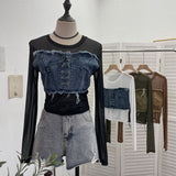 Vintage Babes Cowboy Spliced Tiring Strapped With Long Sleeves Short Mesh T-Shirt