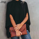 Women Casual Batwing Sleeve Cape Design Black Long Sleeve Ladies Top Elegant High Neck Daily Wear Loose Blouse Lounge