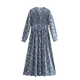 2021 spring women dress long sleeve midi dress floral printing single breasted v-neck korean fashion
