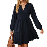 Zingj Autumn And Winter New V Collar Small Twist Pure Color Long Sleeve Loose Casual Dress Female-Outfit