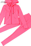 Women Zipper Hooded Top With Pocket Sporty Pant 2 Piece Co-Ord Matching Set Long Sleeve Tops Leggings Workout