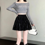 Velvet Bow Pleated Mini Skirt- Outfit
