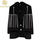 High Quality Women Tassel Velvet Blazer Suit Black 2022 Autumn Black Diamond Buttons Ladies Jacket Clothing