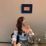 Zingj And Summer 2024 New One-Line Collar Off-Shoulder Design Top Female Student High Waist Crop Bubble Sleeve T-Shirt-Outfit