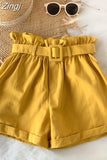 Women Casual High Waist Loose Cotton Short Pants 2023 Summer Elegant Sweet Girls All-Match Wide Leg Shorts With Belt