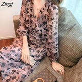 Women Fashion Floral Mid-calf Lantern Sleeve Slim Holiday Female A-line Spring Fall V-neck Chic Vestidos Vintage